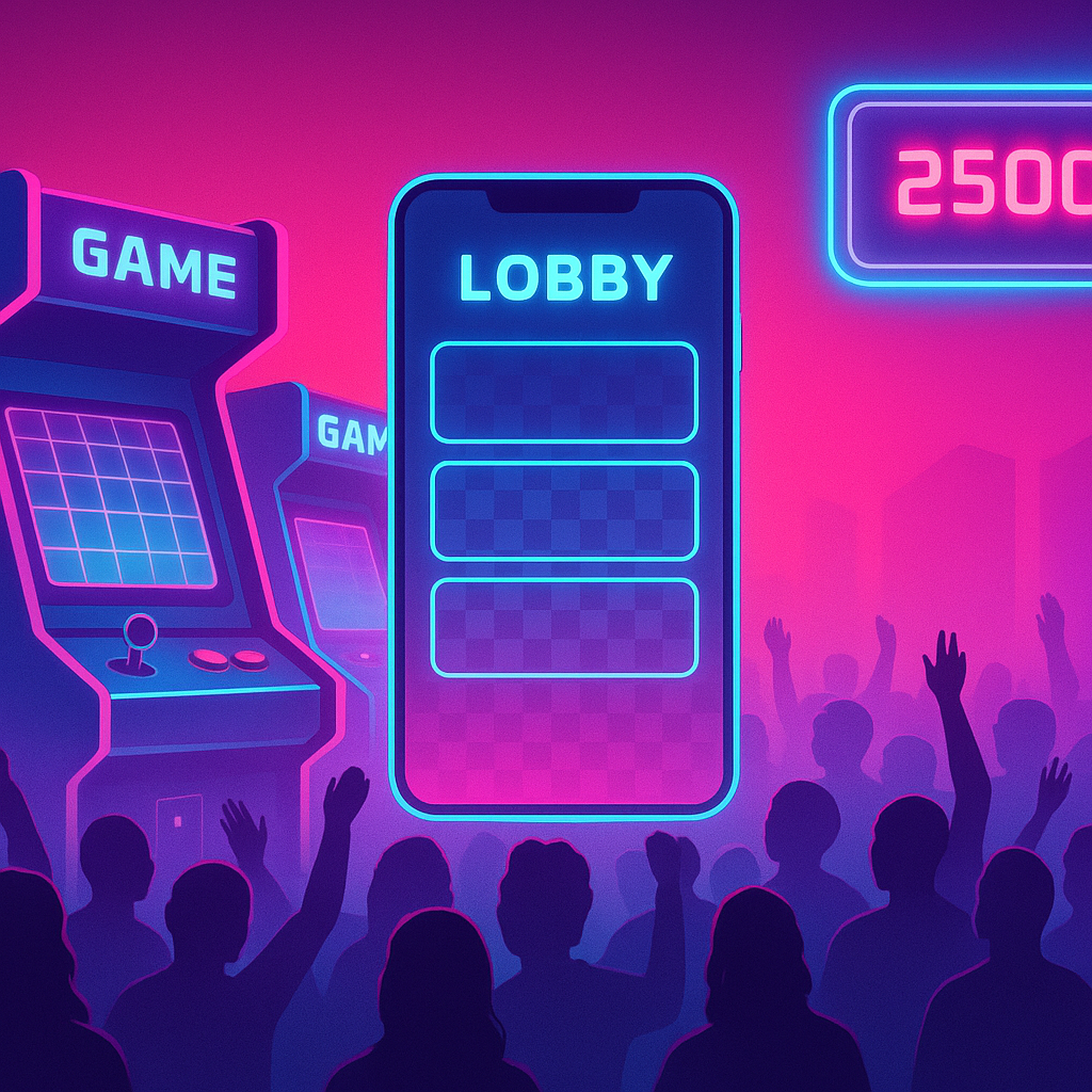 ArcadeForge hero collage — neon cabinets, mobile lobbies, scoreboard HUD